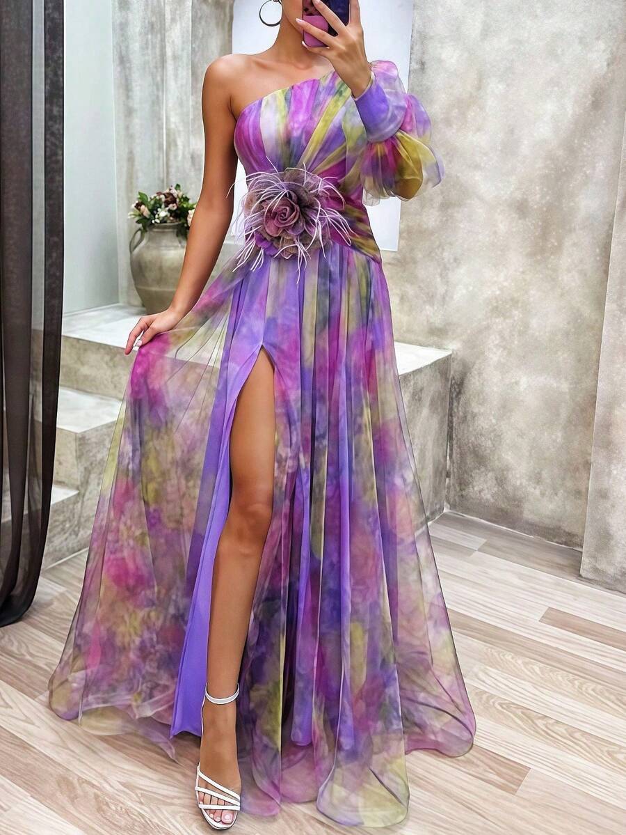 Magic Mia One-Shoulder Maxi Gown - 3D Hand-Sewn Feather Floral Applique Mesh Dress With High Slit & Fully Lined, Long Sleeves | Formal Evening Dress For Garden Parties/Beach Galas, Elegant And Romantic Style - 紫色 - 查看 1