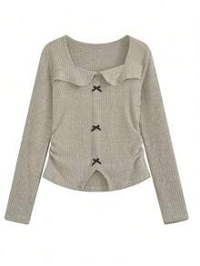 复古美式时尚蝴蝶结领长袖T恤，女士短款修身休闲T恤，2025秋季款 - 卡其色 - 查看 6