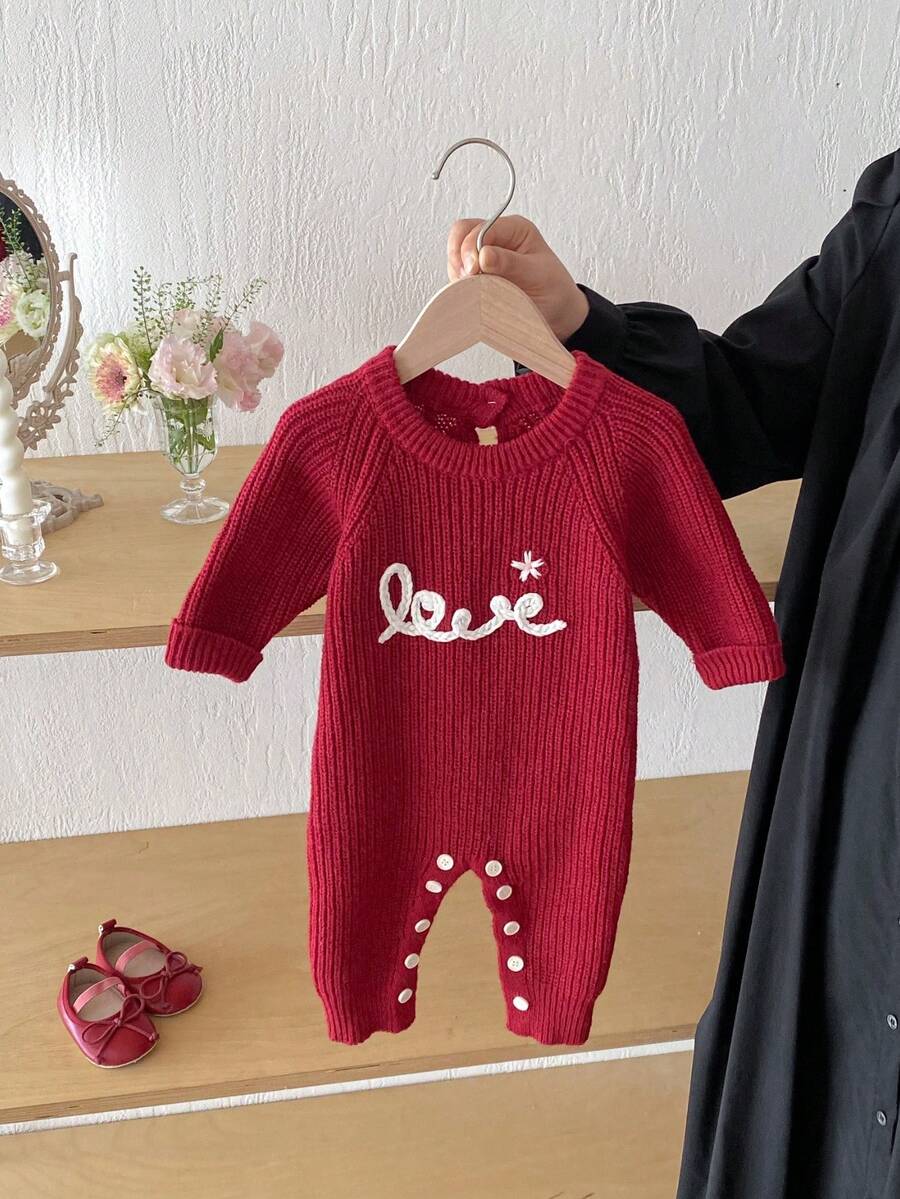 Baby GirlRound Neck Pullover Sweater Romper, Autumn, Baby Girl Letter Embroidered Knit Sweater Romper, Stylish & Cute