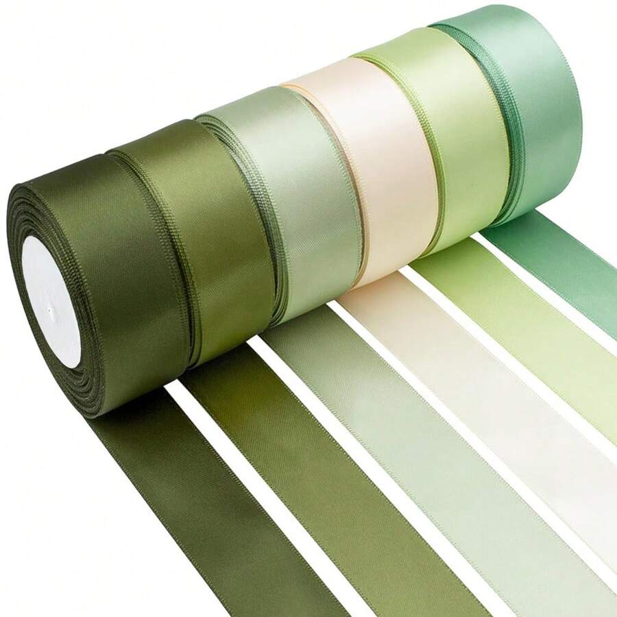 150 Meter 6 Pack grünes Satinband in verschiedenen Uni-Farben für Basteleien, Weihnachten, Geschenkverpackung, Hochzeit, Blumensträuße, Einladungen, Haarschleifen