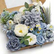 Artificial Flower Purple Combo Box Set Fake Rose Dahlia For DIY Wedding Center Bouquet Bride Baby Shower Party Tables Decoration Floral Arrangements. - 灰白藍 - 查看 2