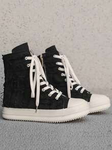 Zapatos casuales de lona de estilo personalizado de moda para hombres en otoño/invierno, botas de estilo de cremallera y flecos desgastados de suela de goma marfil de nicho de alta top