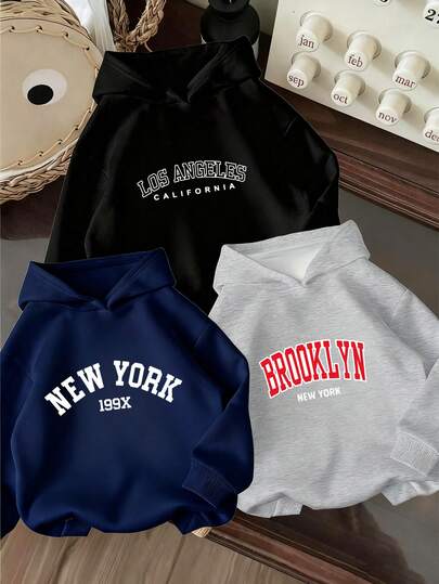 3 件套 Tween Boy 纽约 & 布鲁克林 & 洛杉矶文字印花羊毛衫 LiPullover 运动衫odie 运动衫套装，温暖舒适，适合秋冬