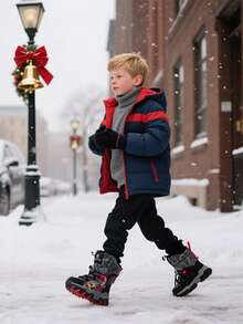 A Pair Of Boys' Snow Boots With Cartoon Patterns, Thermal Lined, Non-Slip & Camouflage Style, Warm And Cold-Resistant For Kids To Play In The Snow And Go To School, Wear-Resistant & Foot-Warming