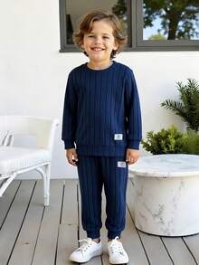 2 件套男童罗纹针织圆领长袖上衣和慢跑裤套装，秋冬休闲装 - 藏蓝色 - 查看 4
