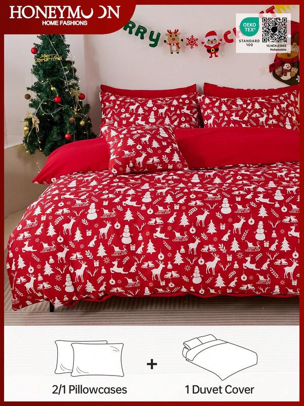 2/3pcs Red Christmas Elements Printed Duvet Cover Set, 1pc Duvet Cover+1/2pcs Pillowcase Without Filler(No Comforter), Soft And Breathable, Chic Christmas Decorative Bed Sprea Bed Cover For Bedroom Dorm Essentials, Oeko-Tex Certified