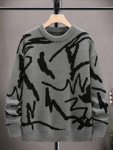 1件青少年男童休闲户外运动宽松街头风纹理加厚保暖针织衫，春/秋/冬