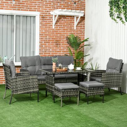  Outsunny 5 Seater Rattan Garden Furniture Set, 2 Armchairs, 3-Seater Wicker Sofa, 2 Footstools And Glass Table, 6 Piece Patio Rattan Furniture Sofa Sets With Cushions For Conservatory, Mixed Grey