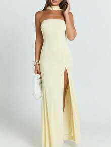 Stylish Sleeveless Knitted Maxi Dress For Women Elegant Party Fitted Silhouette With Split Thigh Detail - Màu vàng - Xem 1