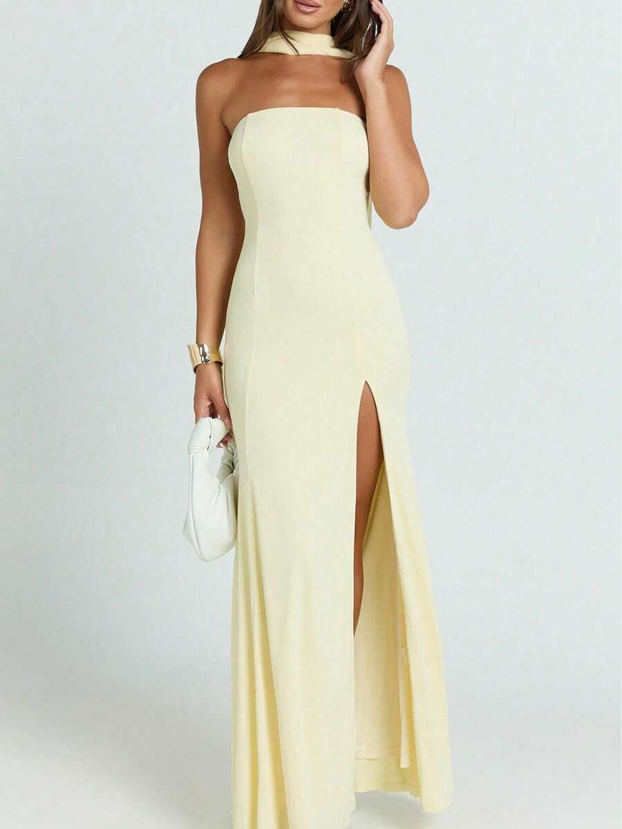 Stylish Sleeveless Knitted Maxi Dress For Women Elegant Party Fitted Silhouette With Split Thigh Detail - Màu vàng - Xem 1