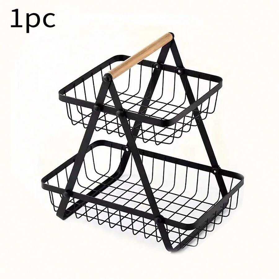 1pc Multifunctional Fruit And Vegetable Basket With Detachable Wooden Handle For Kitchen Organization And Storage, 2 Layers Of Fruit Baskets, Perfect For Kitchen Countertops, Kitchen Fruit Baskets, Kitchen Tools, Holiday Gifts - sàn zk431-2 - Xem 1