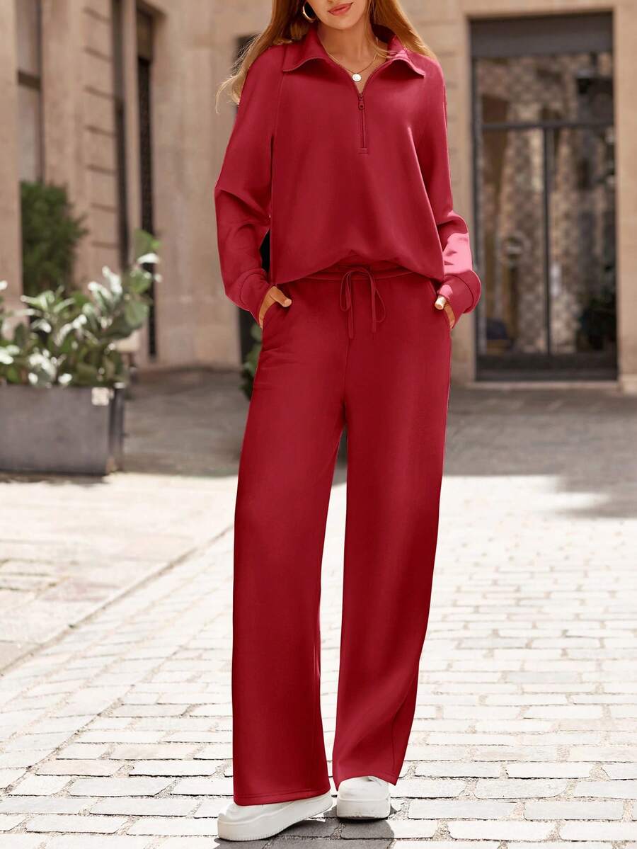 Women's 2 Piece Outfits Casual Lapel Half Zip Sweatshirts And Wide Leg Pants Tracksuit Sets Vacation Spring Fall Outfits For Women - 酒紅色 - 查看 1