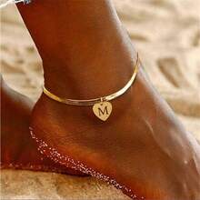 1pc Vintage Heart Hollow Initial Pendant Golden Stainless Steel Herringbone Chain Anklets For Women