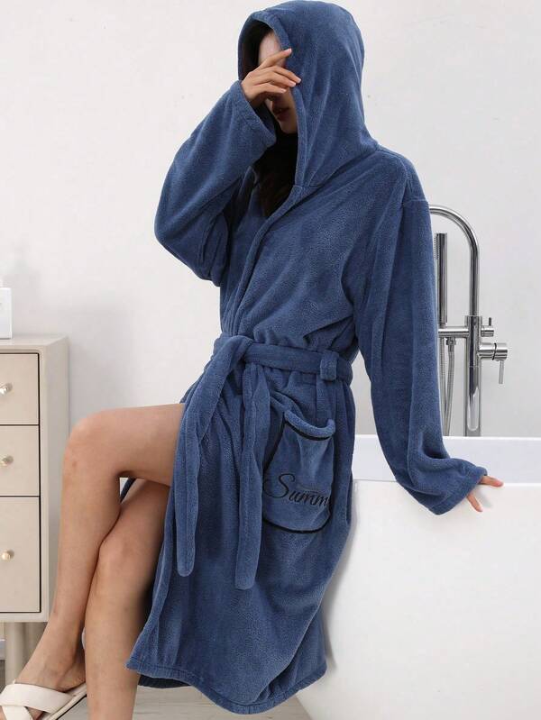 1pc Women's Solid Color Long Sleeve Pocket Casual Hooded Robe