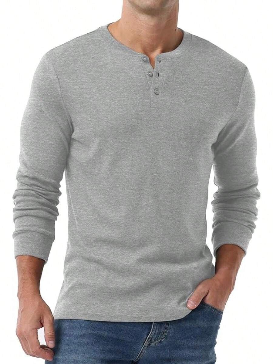 Men's Henley Long Sleeve Casual Classic Button Pullover Tee - Styles - Gray - View 1