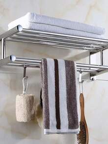 1pc 50cm Thickened 304 Stainless Steel Hotel Home Bathroom Towel Rack, Bath Towel Holder, Bathroom Towel Storage Rack, Drill-Free And Drill-Mount Dual-Use Bathroom Hardware Wall-Mounted Toilet Towel Rack, Double-Layer Bathroom Towel Rack With Hooks, Suitable For Bathroom Storage Organizer. Rust-Proof SUS304 Stainless Steel Towel Rack, Wall-Mounted Double-Layer Towel Rack, Suitable For Shower Room Bathroom. Double-Layer Bathroom Towel Rack With Storage Shelf - Silver - View 1