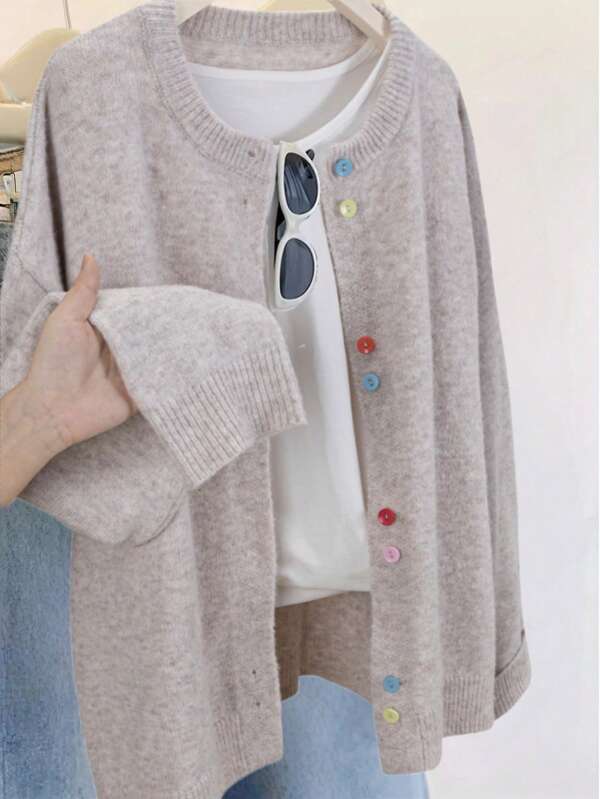Cárdigan de punto de manga larga con hombros caídos para mujer de talla grande, versátil para otoño/invierno