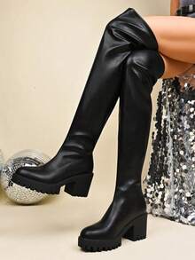 Fall/Winter Women's Elastic Thigh-High Waterproof Platform Chunky Heel PU Over-The-Knee Boots, Round Toe Fashion Motorcycle Combat Punk Boots For Party