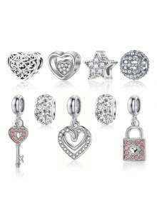 9 件优雅时尚心形、星星、钥匙、爱情锁串珠吊坠 DIY 装饰手链、项链、耳环、珠子、吊坠、饰品、创意配饰 - 彩色 - 查看 12