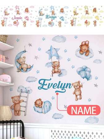 120*30CM, Custom Wall Stickers, Customizable Name,[Blue Bear, Pink Bear, Yellow Bear]- PVC Self-Adhesive Removable Wall Stickers For Nursery, Kids' Room, Playroom, Or Classroom – Cute & Creative Wall Decor For Any Space,Christmas Gift Supplies