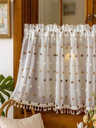 1 pieza Nueva cortina pequeña de pompón y borla multicolor esponjosa, adecuada para ventanas pequeñas, decoración de cocina y baño, 140g/m²