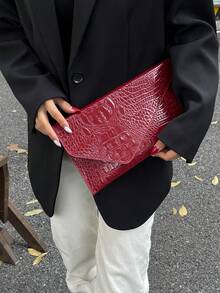 Bolsa envelope minimalista com aba e estampa de crocodilo em cor sólida, em PU moderno e casual - Borgonha - Ver 6