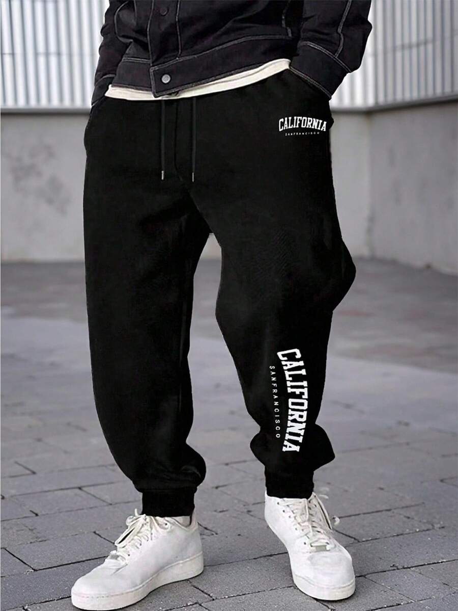 男士休闲抽绳运动裤，秋冬款 - 黑色 - 查看 1