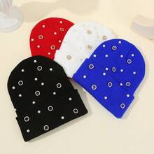 1pc INS Style Rhinestone & Pearl Knitted Beanie, Fashionable Warm Punk Fold Brim Knit Cap, Versatile Couple Hats For Autumn/Winter, Suitable For Daily, Outdoor, Cycling - Multicolor - View 6