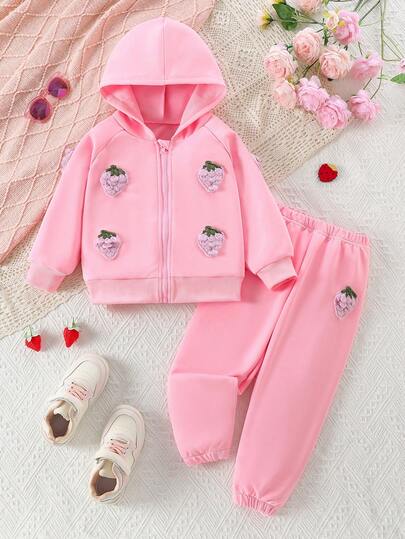 2 Stücke Mädchen Herbst/Winter Mode Kapuzen-Reißverschluss Strickjacke mit Erdbeerdekoration & Hose mit elastischem Bund Set
