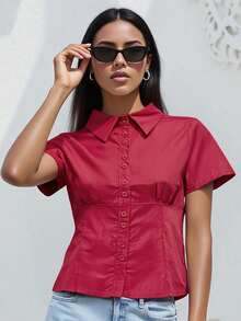 Women's Plaid Shirt Button-Up Short Sleeve Collared Slim Fit Casual Summer Blouse Tops - 紅色 - 查看 3