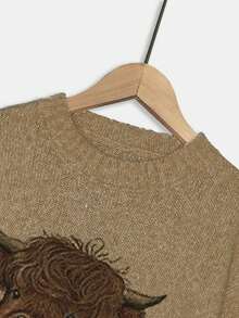 女士卡通奶牛印花圆领毛衣，休闲长袖圆领套头衫，适合秋冬季节，时尚女士针织衫，日常穿着，上衣