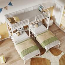Triple Bed, Triple Bunk Bed For Teenagers With Ladder, Iron Bed With Safety Rail And Table, White 90x200cm*3 - White - View 3
