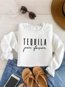 Women's Sweatshirt Print Tequila Por Favor Party Funny Adult Drinking Cinco De Mayo T-Shirt Stretched Graphic Versatile Female Print Round Neck Short Sleeve Streetwear Top For Everyday Wear Summer Soft Slightly Women Casual Stylish T-Shirt For Women Casual Unisex Comfortable - 白色 - 查看 4