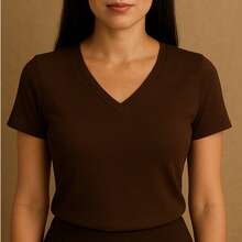 Kit Of 4 Basic V-Neck Short Sleeve Ribbed Blouses - Military Green, Brown, Wine, White - View 4