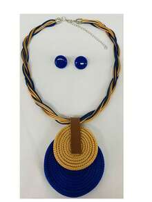 Braided Wire Necklace Set With Double Pendant + Resin Button Earrings – Sophistication In Every Detail. - Royal Blue - View 4