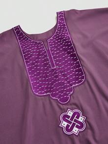 Purple Three Pieces Agbada Attire For Men, Long Colorblock Embroidered Robe And Dashiki Shirt & Elastic Waist Pants, Traditional African Attire For Ceremonies, Wedding, Cultural Celebrations, Festivals, Elegant African Fashion For Men, Royal & Elegant Style