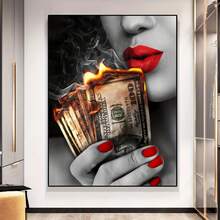 1pc Waterproof Odorless Canvas Modern Poster, Unframed Dramatic Money On Fire Painting With Red Highlight On Red Lips And Nail, Wall Art For Bedroom, Office, Living Room, Wall Decor, Home And Dormitory Decoration, Birthday Gift