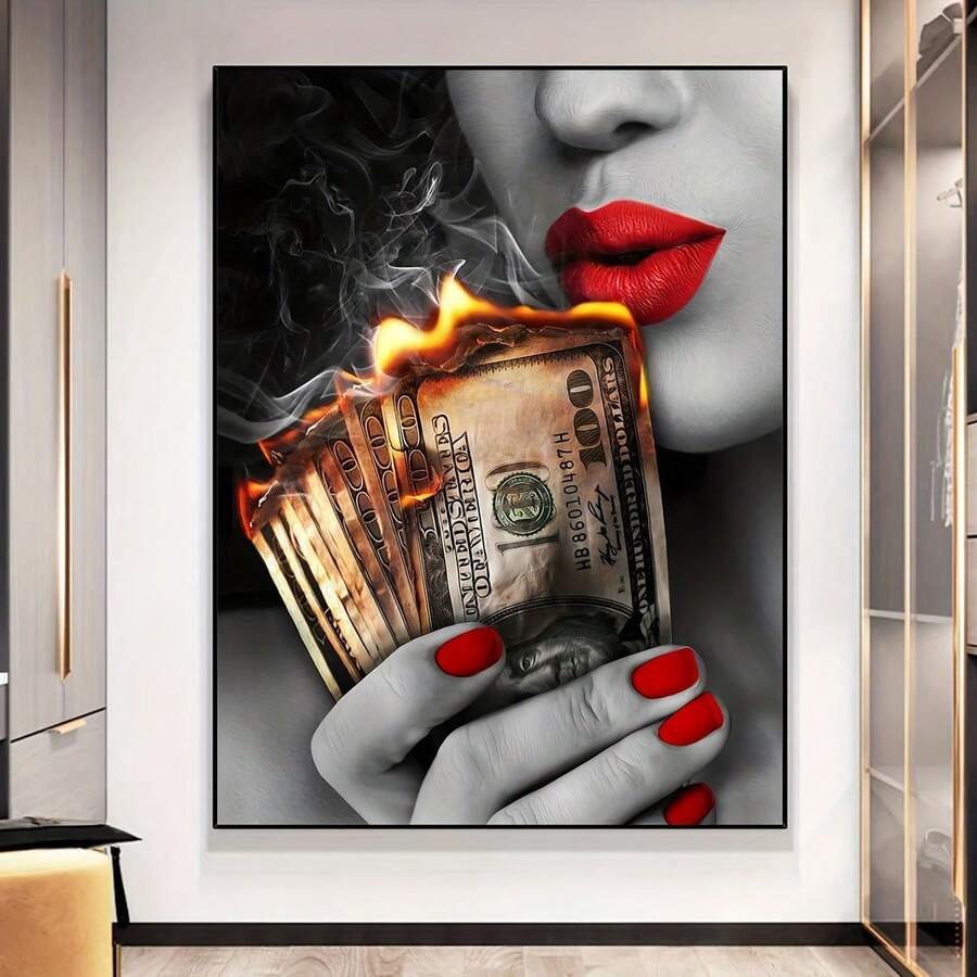 1pc Waterproof Odorless Canvas Modern Poster, Unframed Dramatic Money On Fire Painting With Red Highlight On Red Lips And Nail, Wall Art For Bedroom, Office, Living Room, Wall Decor, Home And Dormitory Decoration, Birthday Gift
