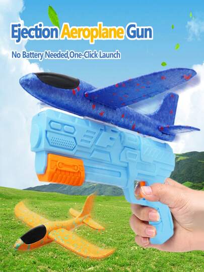 Children's Foam Airplane Gun Toy Launcher One-Button Ejection Hand-Thrown Glider Indoor And Outdoor Park Square Ejection Soaring Plane Parent-Child Interactive Fun Game Suitable For Boys And Girls Aged 3-12 Years Old Christmas Gifts Birthday Gifts (Aircraft Colors Random)