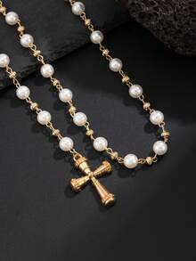 1pc Fashionable Punk Simple Cross Pants Chain, Men's Charm Faux Pearl Body Chain For Pants Decor, Suitable For Everyday Wear And Parties - 金色 - 查看 3
