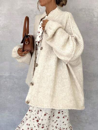 1pc Solid Color Knitted Front Button Closure Plus Size Women Casual Wear, Autumn/Winter White