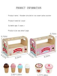 儿童木制冰淇淋店玩具套装，儿童食品店，冰淇淋柜台，配有幸运轮、勺子、菜单、假钱，适合 3 4 5 6 岁生日、圣诞节、万圣节礼物 - 彩色 - 查看 4