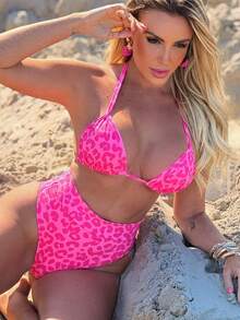 Women's High Waist Bikini Set, Hot Pants, All-Over Print, Leopard Print, Tie Back, Vacation Beach, Pink Animal Print, Crop Top - IN HÌNH ĐỘNG VẬT HỒNG - Xem 3