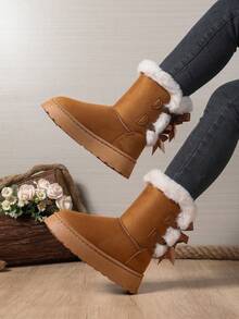 Classic Girl's Waterproof Anti-Slip Mid-Calf Or Rear Bowknot Snow Boots, Versatile Comfortable Warm Ankle Boots, Available In Brown, Black And Beige, Suitable For Indoor Warmth And Mild Outdoor Waterproof, Student Winter Snow Boots, Essential For Christmas - Brown - View 3