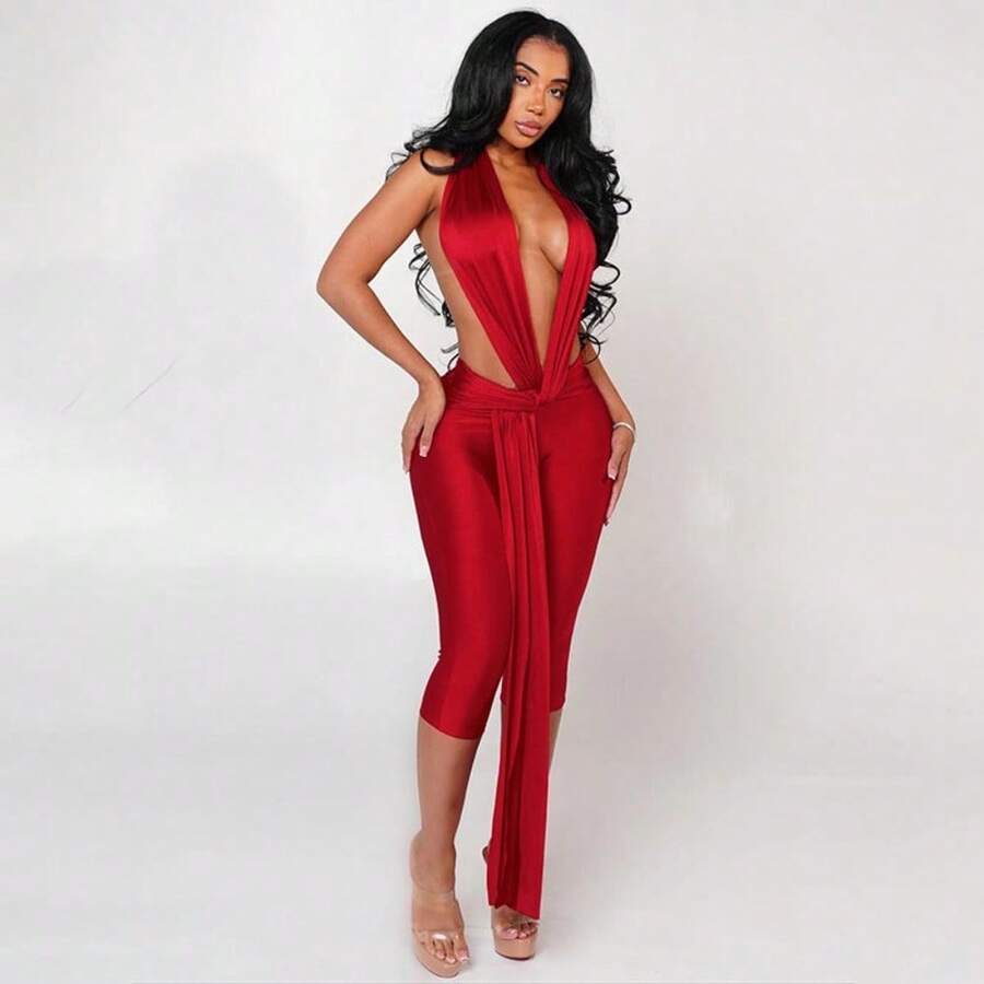 Women's Shiny Sexy Halter Backless Ribbon Tight High Waist Seven-Inch Pants Jumpsuit - Red - View 1