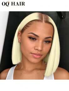 OQ 戴上无胶假发，深棕色发根，渐变浅灰金色，直发鲍勃，真人发短发，6x4 透明蕾丝前假发，假发材料，180% 密度，10-14 英寸，预剪和预拔真人发假发，隐形蕾丝，透气蕾丝，快速发货，礼品，旅行必备，节日婚礼，圣诞节，万圣节，旅行必备，Y2K，变坏人，假期，女士度假 - S5/613/24 - 查看 3