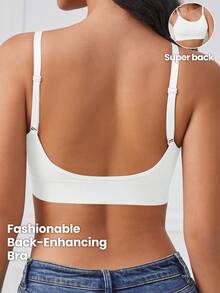1pc Women's Wireless Backless Bra, Deep U-Neck, Seamless, Adjustable Cross Back Strap, Back To School Season Lingerie - White - View 8