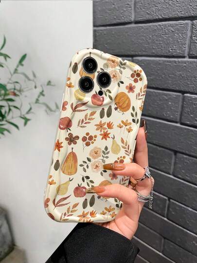 Herbst/Winter Creme Textur transparente Blumen Vollbild bemalte Anti-Tropf Handyhülle kompatibel mit iPhone P11, P12, XR, 7/8, GES2, XS, P15, P16, P16 Pro Max, S25, S25+, S24, A04, A12, A13, A14, A23, A24, A32, A33, A51, A52, A53, A54, A72