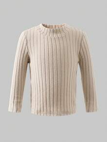 3pcs/Set Girls Solid Ribbed Fitted Set + Plaid Faux Fur Collar Jacket, Winter - Apricot - View 5