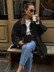 Áo khoác gió nhẹ cổ nhung kẻ phối màu phong cách retro dáng rộng dành cho nữ năm 2026, màu đen, thích hợp cho mọi mùa xuân. - màu đen - Xem 6